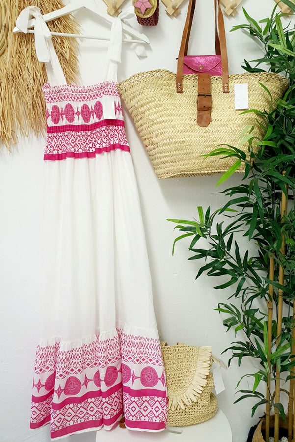CM | Malibu Villa maxi vestido estampado étnico con hombros fruncidos