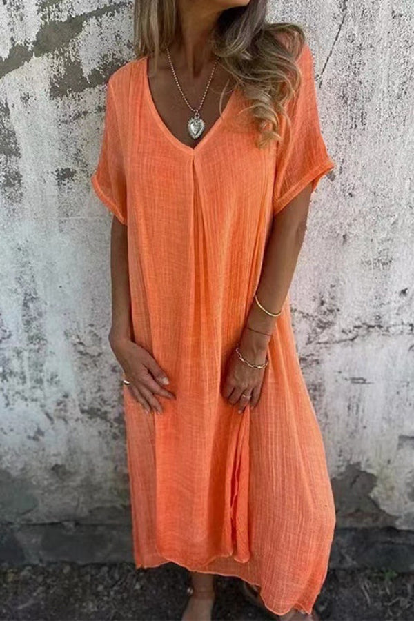 CM | Vestido midi de lino y algodón con cuello en V y corte holgado