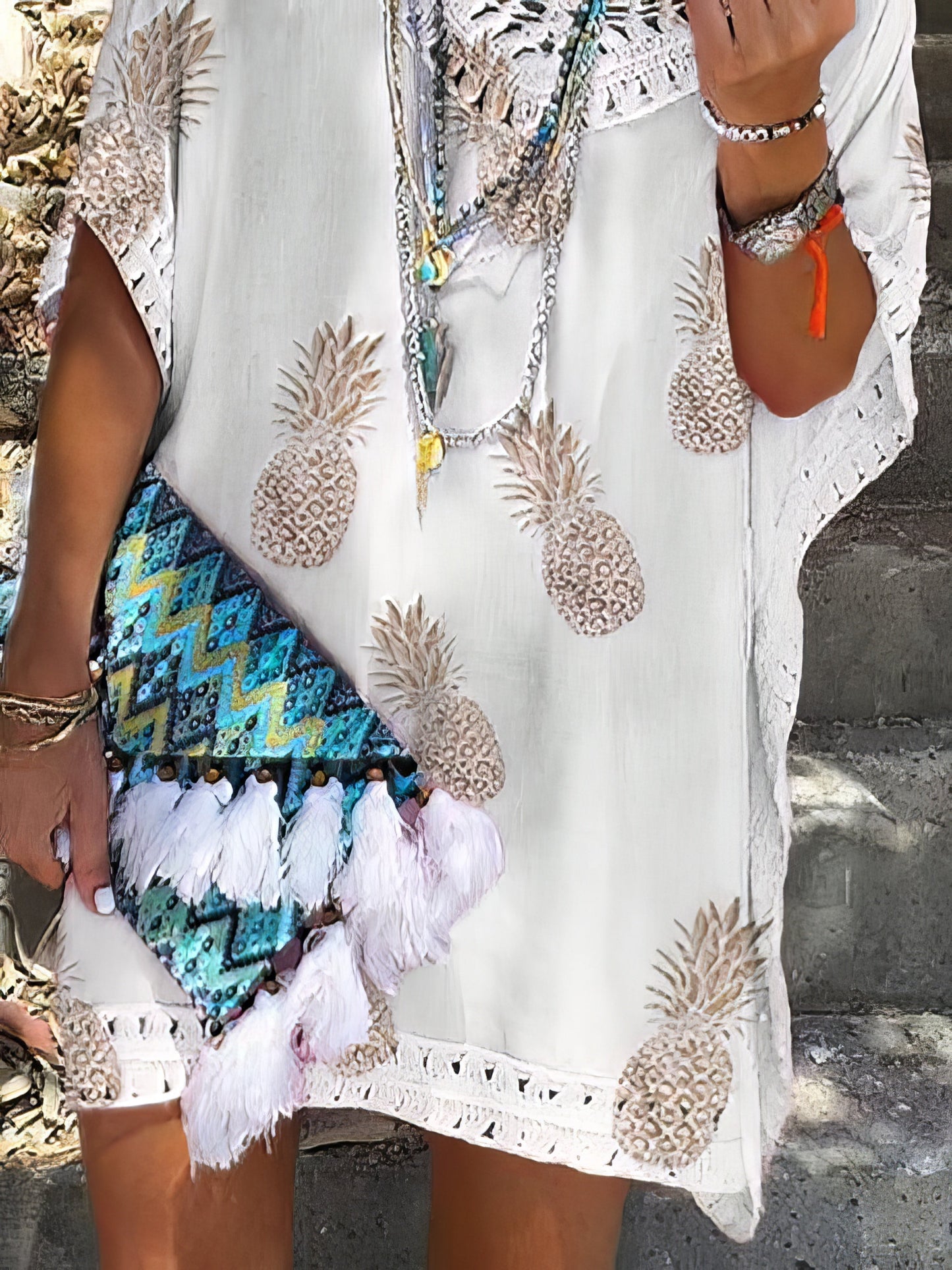 CM | Mini Vestido Casual de Encaje con Cuello en V y Estampado de Piña