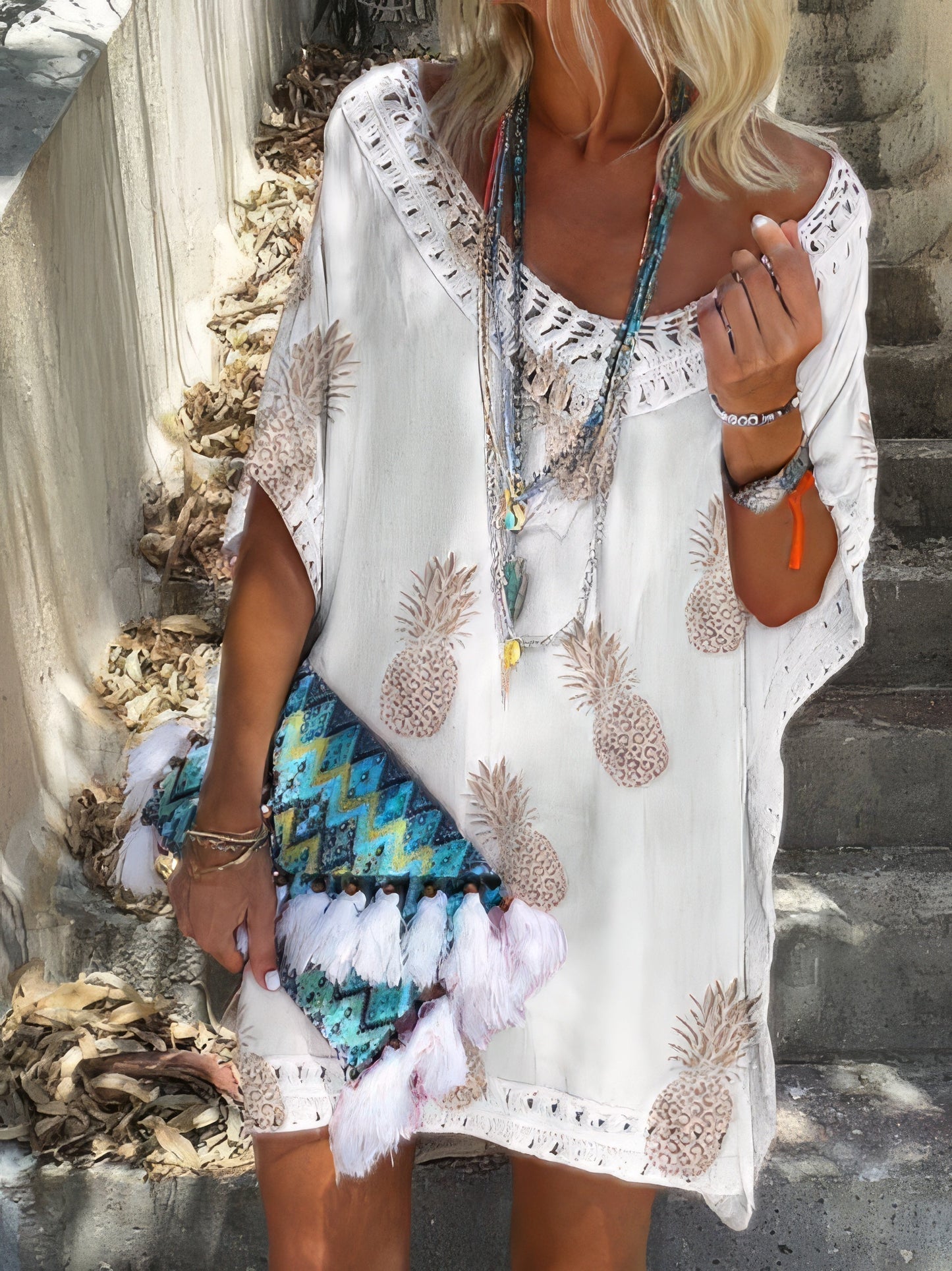 CM | Mini Vestido Casual de Encaje con Cuello en V y Estampado de Piña