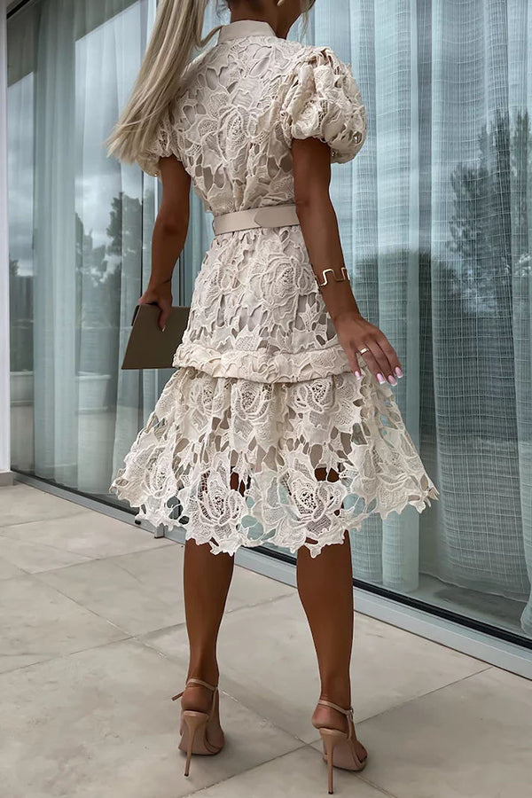 CM | Absolutamente Elegante Floral Crochet Encaje Puff Manga Cinturón Camisa Vestido Midi