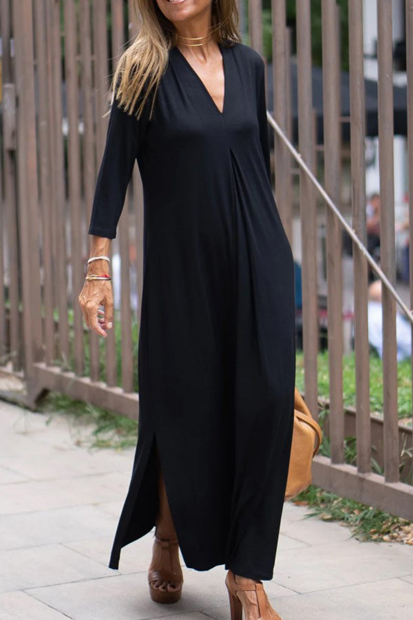 CM | moda color sólido cuello en v manga tres cuartos vestido largo de punto hendidura