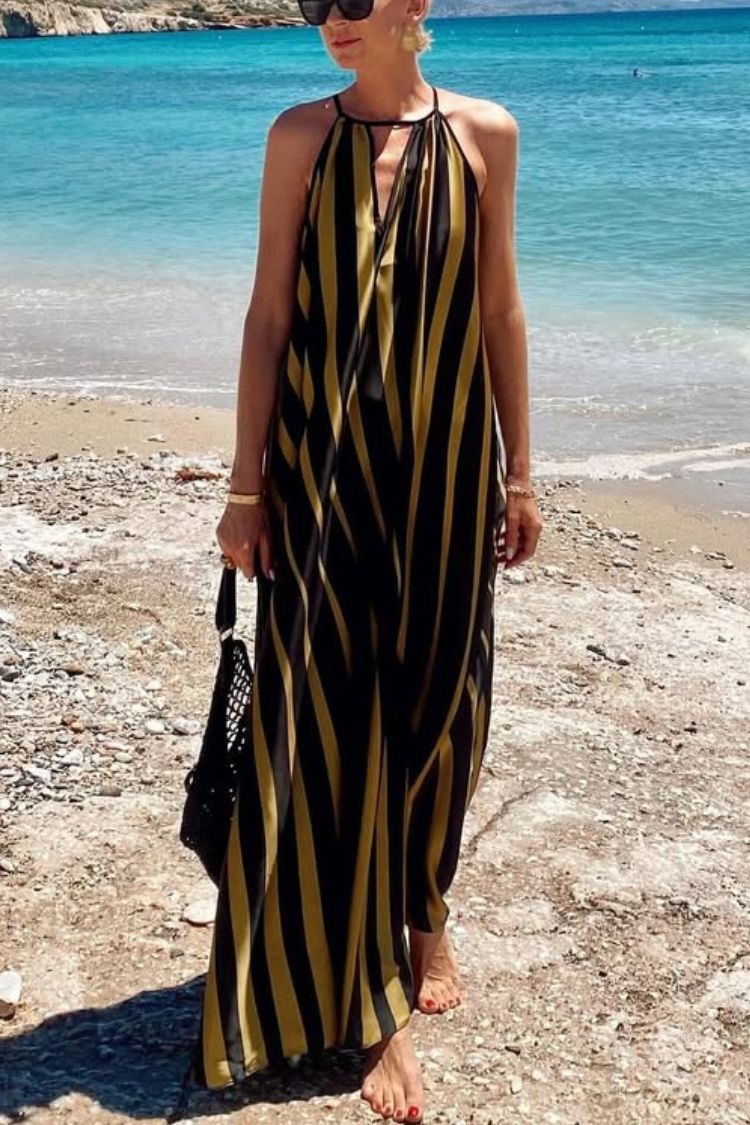 CM | Estampado de rayas Cuello en V Vestido maxi holgado de vacaciones en la playa