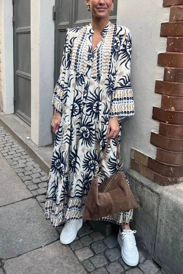 CM | Vestido maxi casual con mangas trompeta y estampado étnico