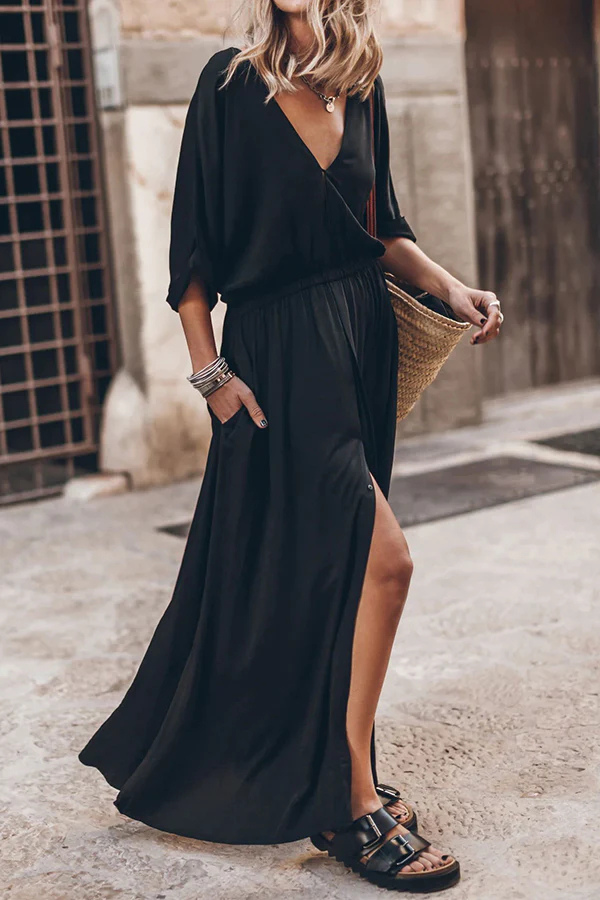 CM | Suave y Elegante Kimono Manga Elástica Cintura Bolsillo Abertura Maxi Vestido
