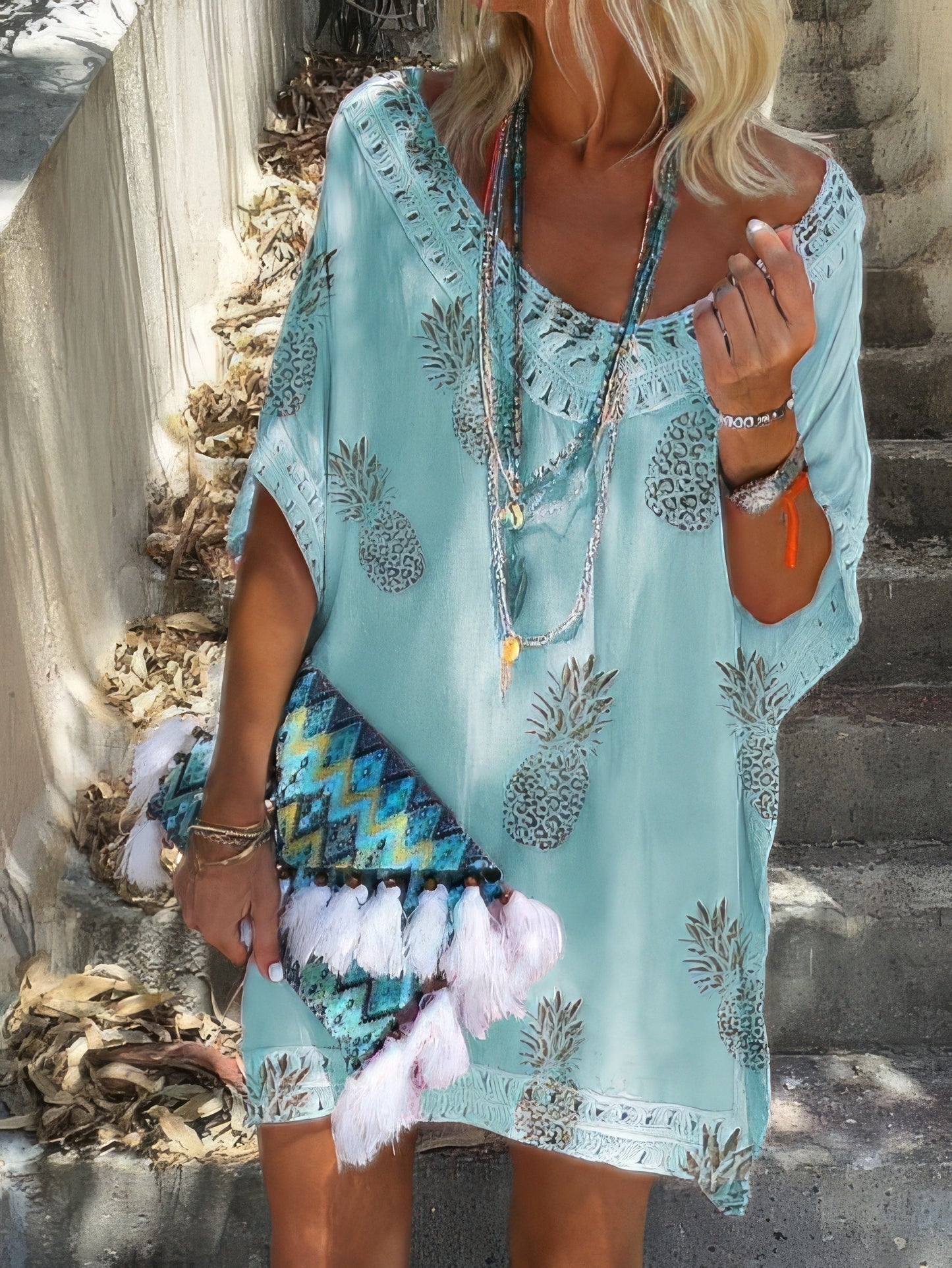 CM | Mini Vestido Casual de Encaje con Cuello en V y Estampado de Piña