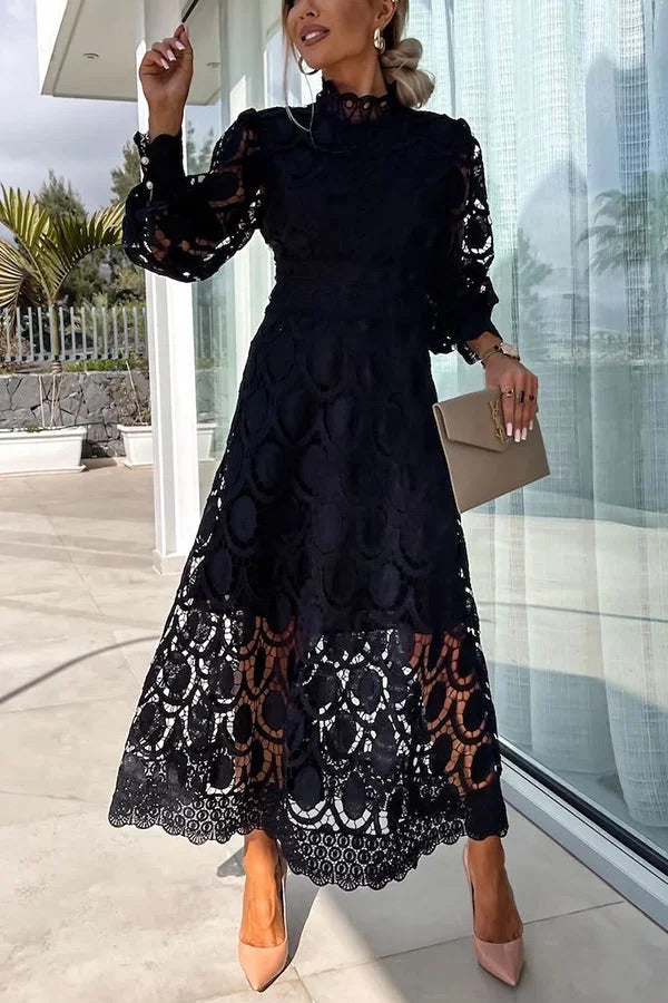CM | Romántico, Sensual y Elegante Vestido Midi de Encaje de Crochet con Manga Farol de Fiesta