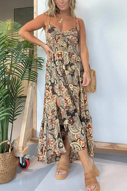 CM | Cuello Atrás Encaje Abertura Estampado Floral Maxi Vestido Cami