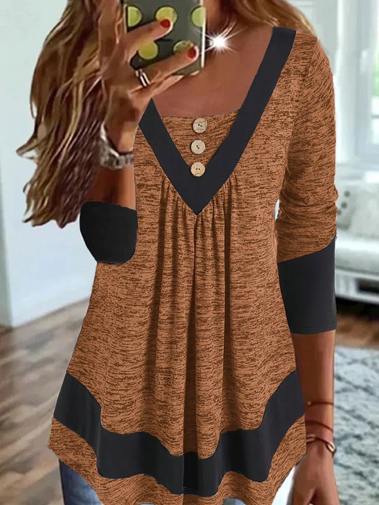 CM | Camiseta casual de mujer con cuello en V y estampado de jersey