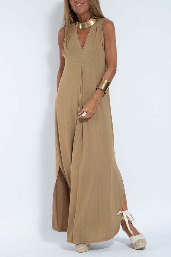 CM | Elegant is forever maxi vestido de punto de color sólido con abertura sin mangas