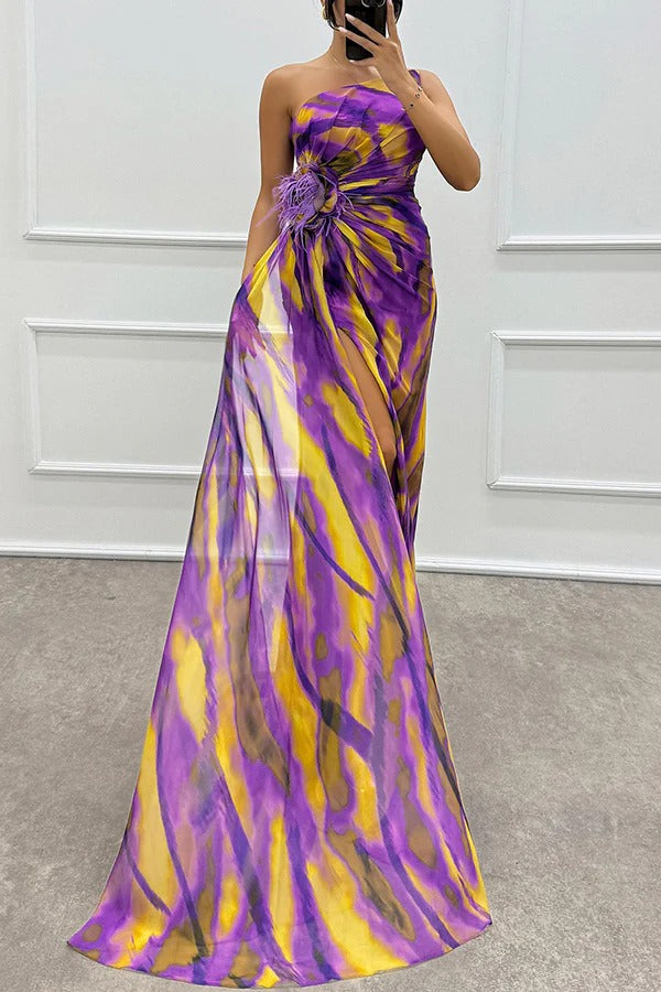 CM | Amazing Views Acuarela Imprimir Pluma Rosa Detalle Off Shoulder Plisado Hendidura Maxi Vestido