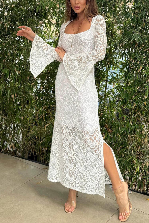 CM | Luxe Lifestyle Encaje Escote Cuadrado Mangas de Campana Vestido Midi con Abertura