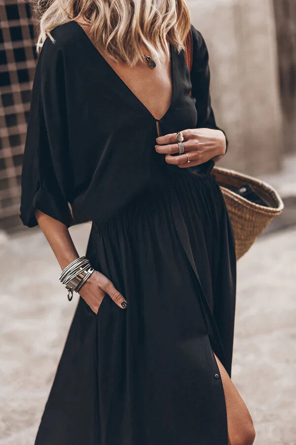 CM | Suave y Elegante Kimono Manga Elástica Cintura Bolsillo Abertura Maxi Vestido
