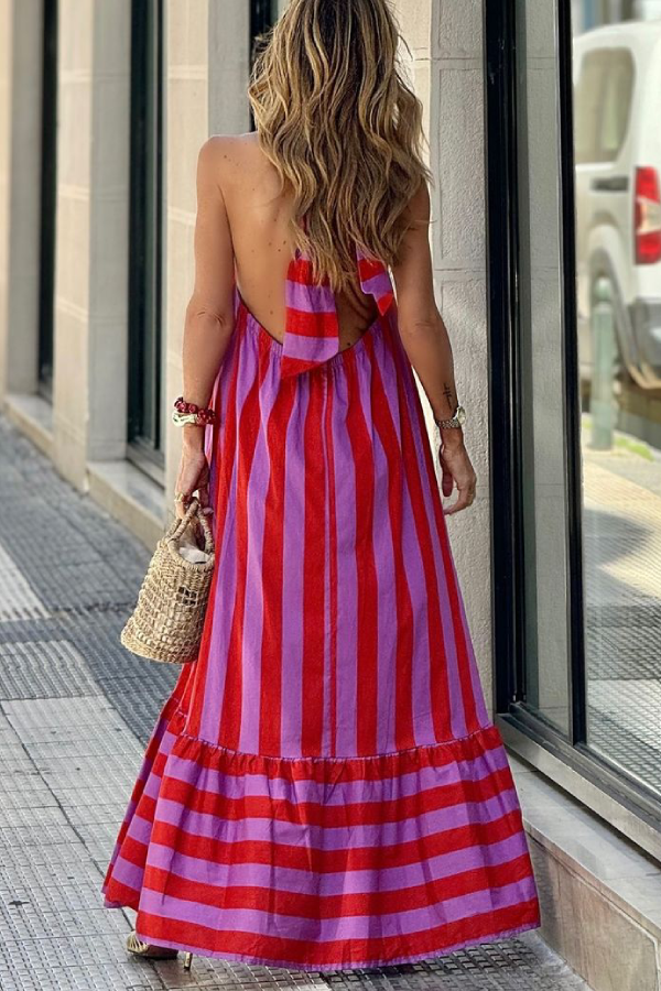 CM | Vestido largo sin espalda de rayas rojas casual