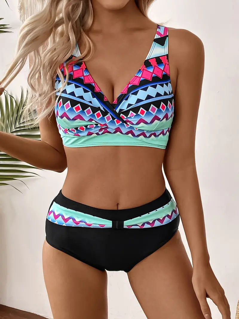 CM | Bikini con cuello en V y estampado aleatorio chic y a la moda