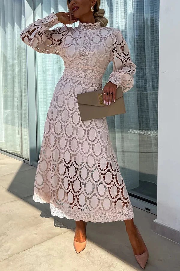 CM | Romántico, Sensual y Elegante Vestido Midi de Encaje de Crochet con Manga Farol de Fiesta