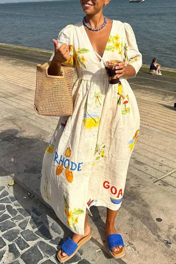 CM | Vestido midi de lino estampado