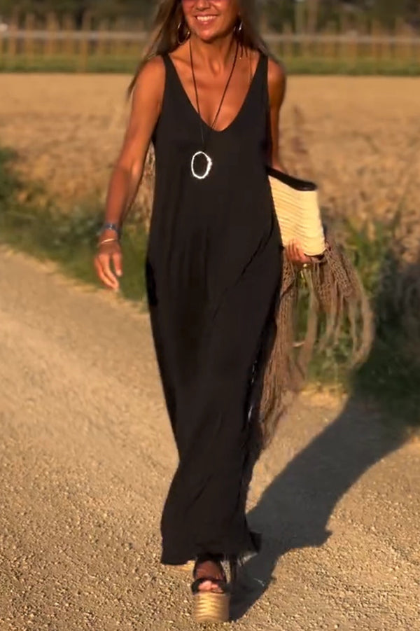 CM | Color Sólido Cuello en V Vestido Maxi Casual Sin Mangas
