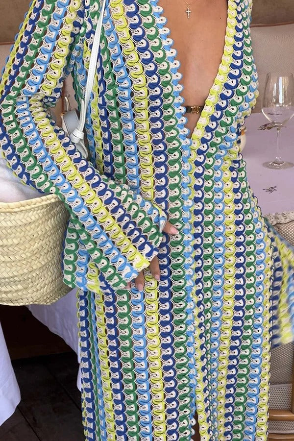 CM | Bondi beach tejido de punto con estampado de olas de colores maxi vestido de vacaciones de manga larga