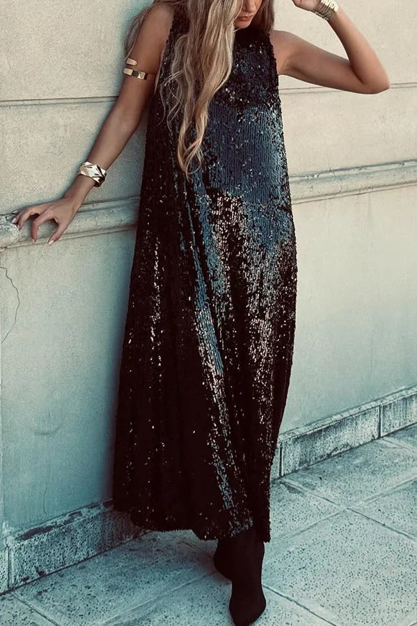 CM | Twas The Night Lentejuelas Cuello Redondo Sin Mangas Drapeado Suelto Maxi Vestido