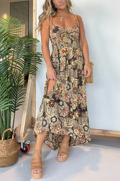 CM | Cuello Atrás Encaje Abertura Estampado Floral Maxi Vestido Cami