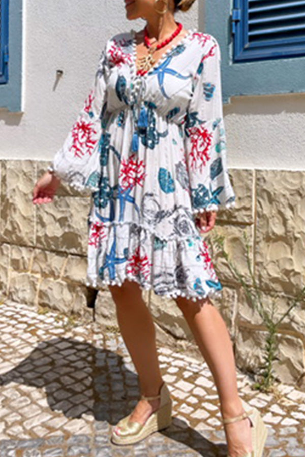 CM | Vestido Corto Manga Campana Cuello en V Coral Estrella de Mar