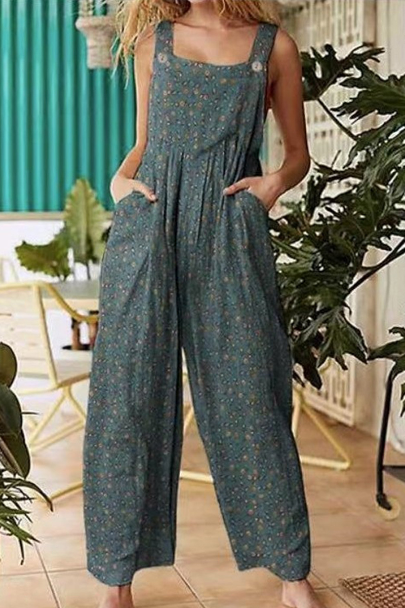 CM | Casual Floral Split Joint Pocket Square Collar Regular Jumpsuits