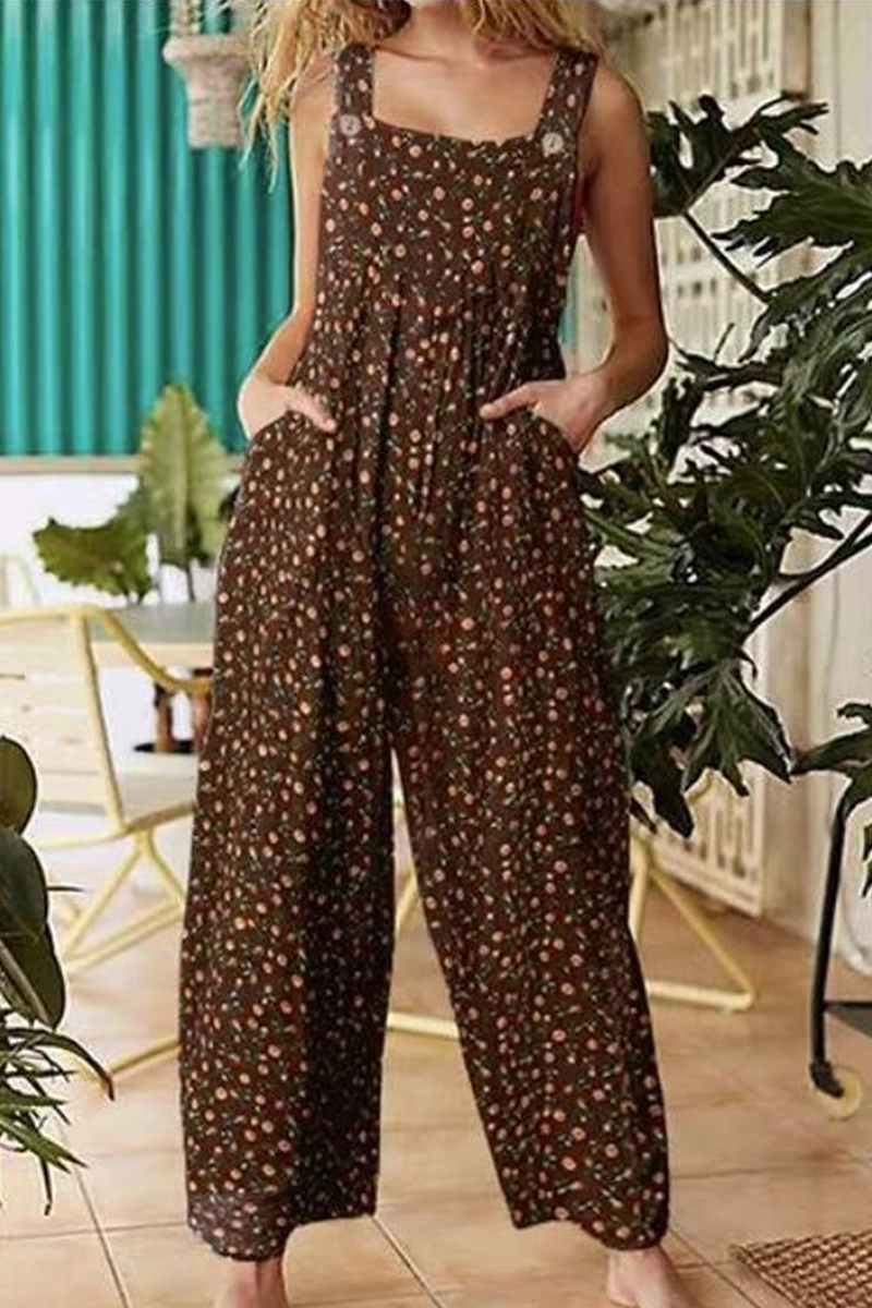 CM | Casual Floral Split Joint Pocket Square Collar Regular Jumpsuits