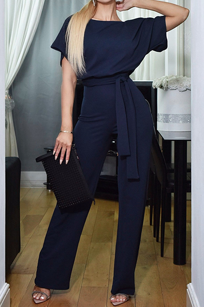 CM | Casual Elegante Solid Patchwork Strap Design O Neck Straight Jumpsuits (6 Colores)