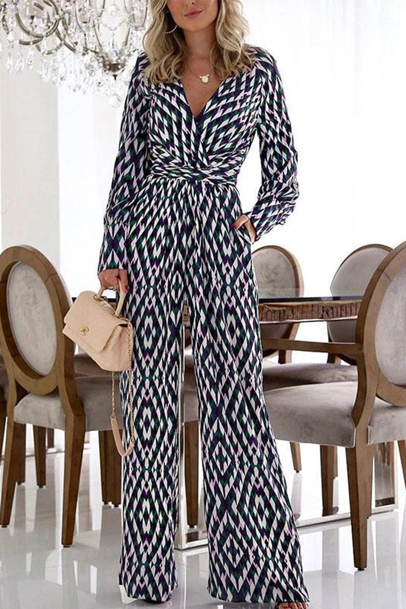 CM | Casual Print Patchwork V-Neck Boot Cut Jumpsuits