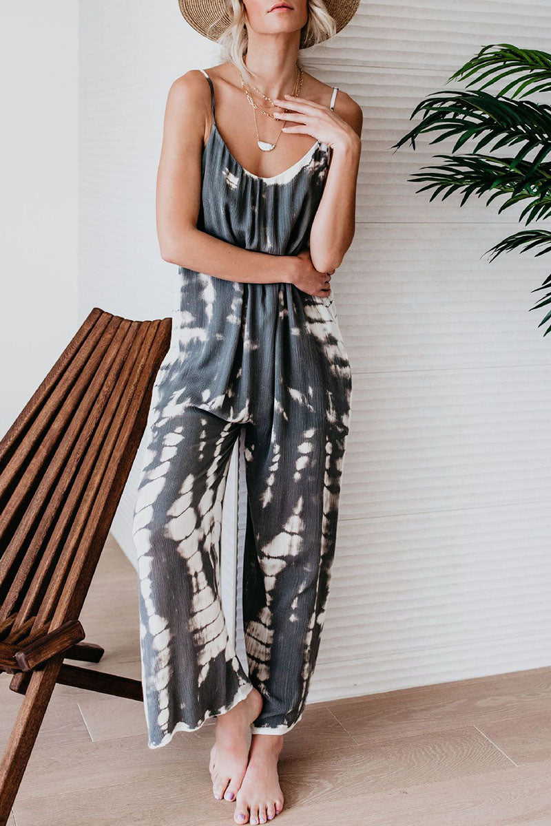 CM | Casual Patchwork Tie-dye Spaghetti Strap Straight Jumpsuits(10 colors)