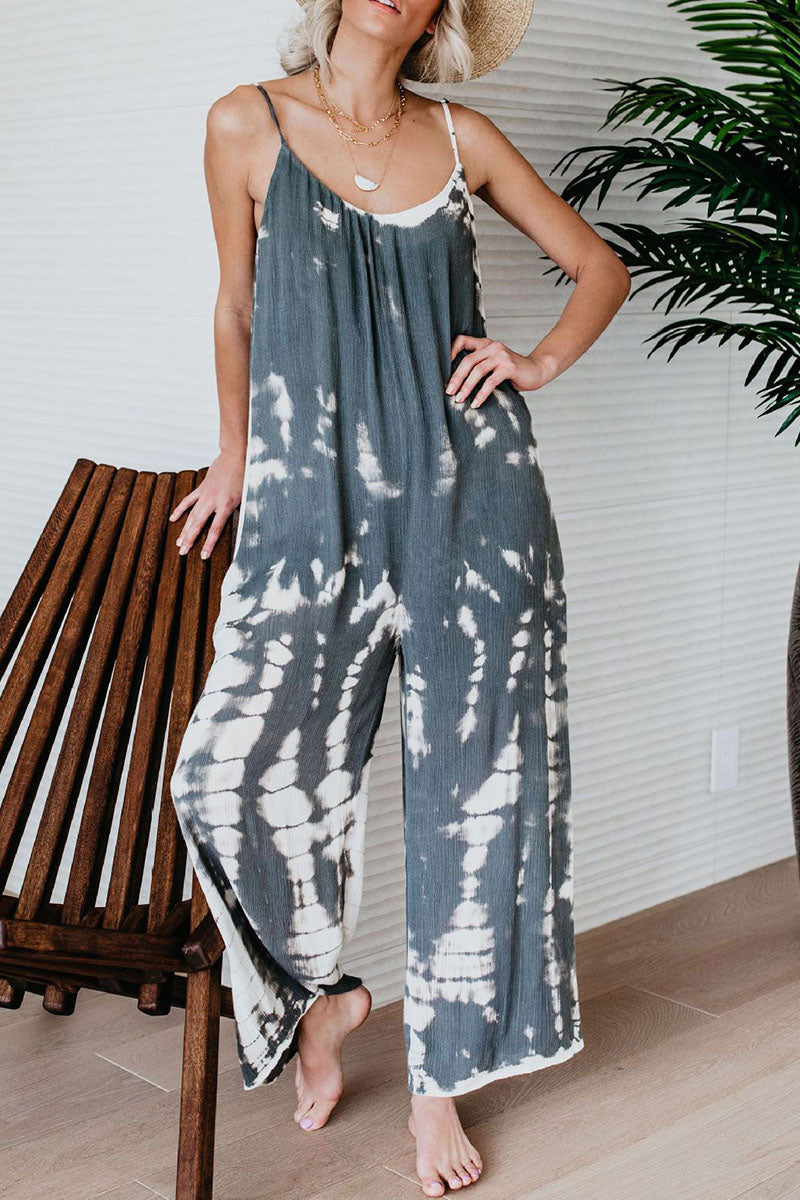 CM | Casual Patchwork Tie-dye Spaghetti Strap Straight Jumpsuits(10 colors)