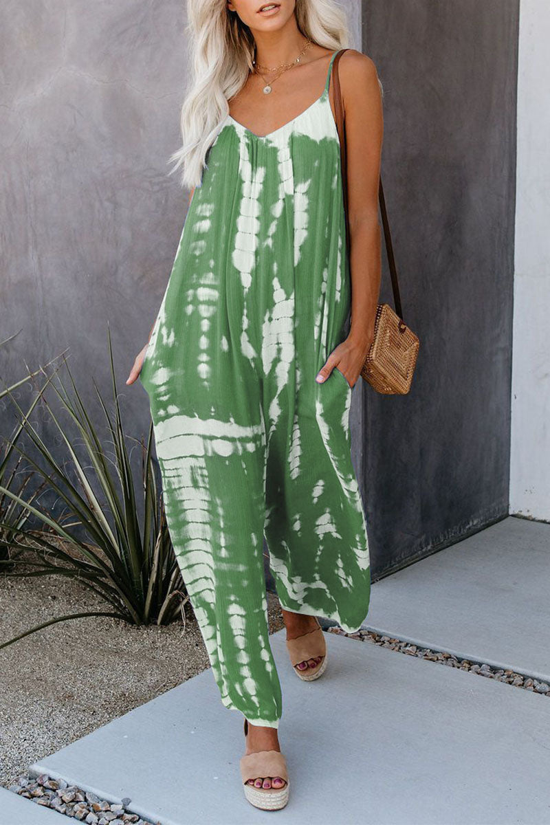CM | Casual Patchwork Tie-dye Spaghetti Strap Straight Jumpsuits(10 colors)