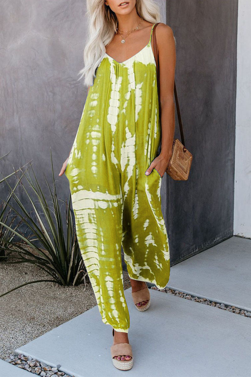 CM | Casual Patchwork Tie-dye Spaghetti Strap Straight Jumpsuits(10 colors)