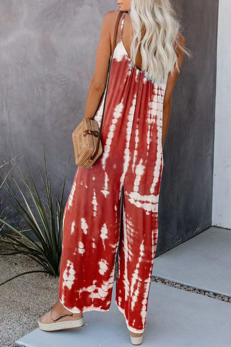 CM | Casual Patchwork Tie-dye Spaghetti Strap Straight Jumpsuits(10 colors)