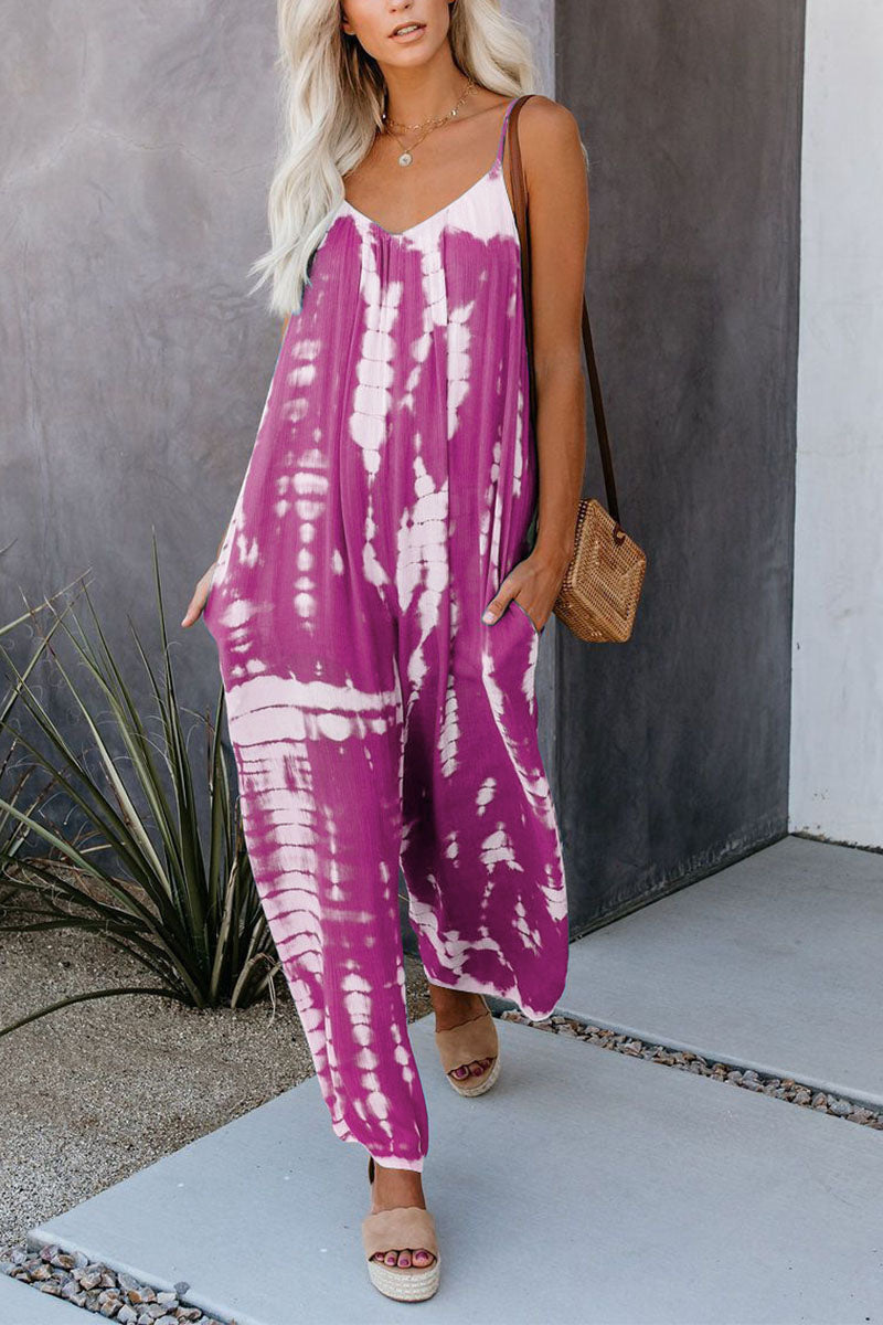 CM | Casual Patchwork Tie-dye Spaghetti Strap Straight Jumpsuits(10 colors)