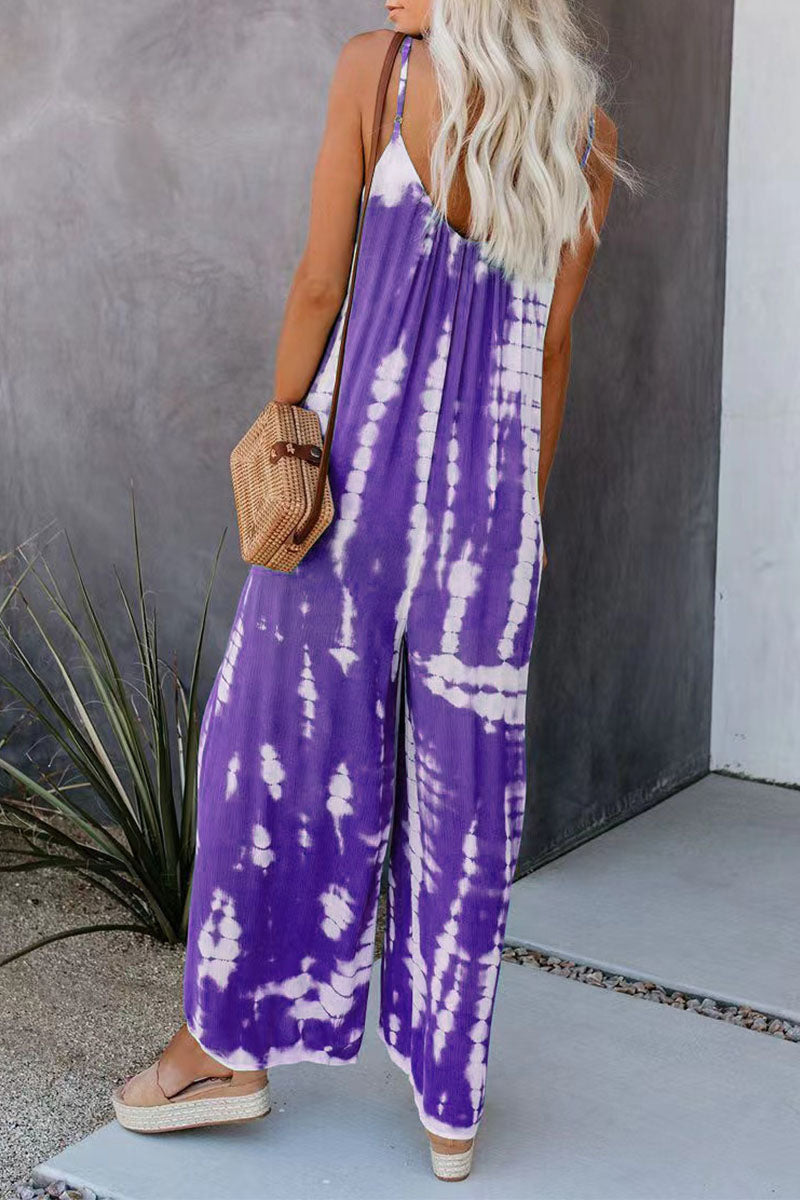 CM | Casual Patchwork Tie-dye Spaghetti Strap Straight Jumpsuits(10 colors)