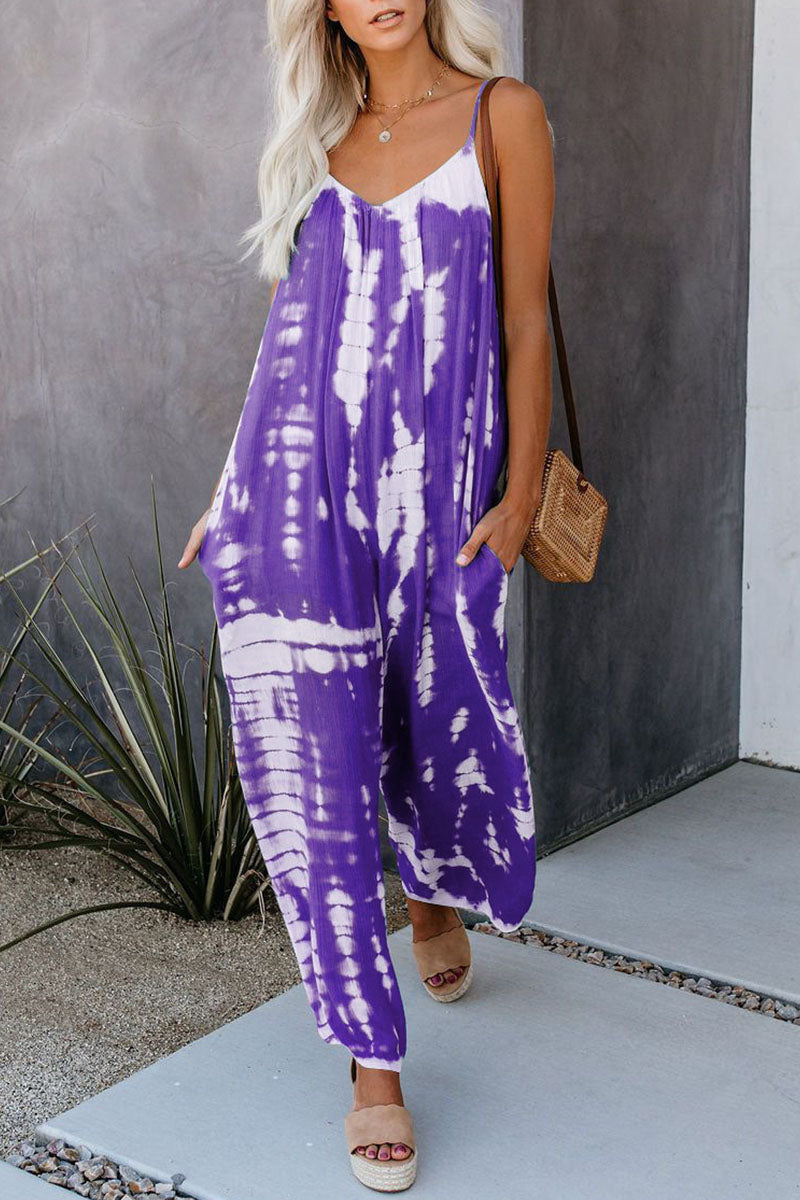 CM | Casual Patchwork Tie-dye Spaghetti Strap Straight Jumpsuits(10 colors)