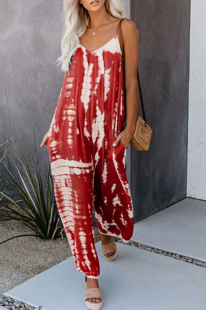 CM | Casual Patchwork Tie-dye Spaghetti Strap Straight Jumpsuits(10 colors)