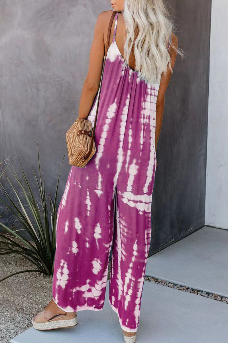 CM | Casual Patchwork Tie-dye Spaghetti Strap Straight Jumpsuits(10 colors)
