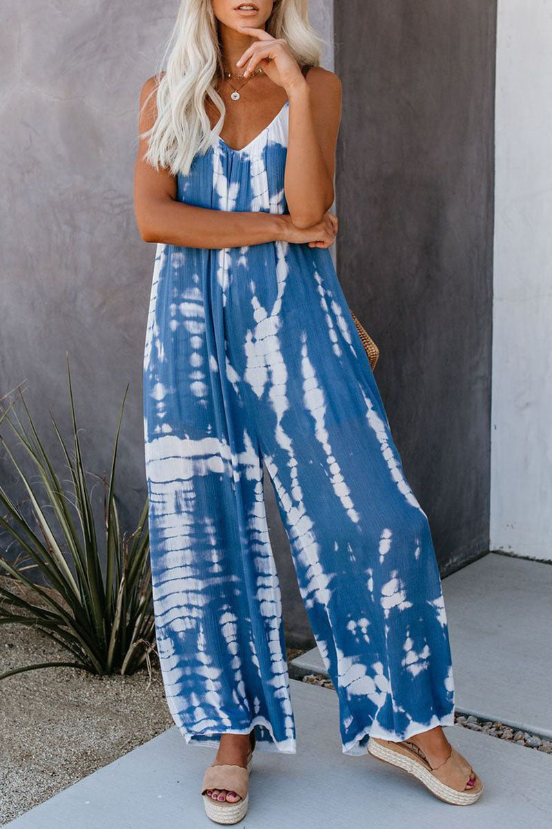 CM | Casual Patchwork Tie-dye Spaghetti Strap Straight Jumpsuits(10 colors)
