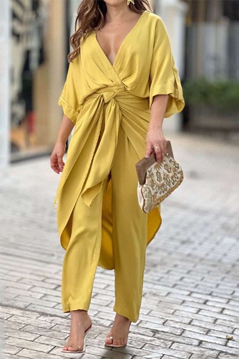 CM | Casual Sólido Frenillo Cuello en V Regular Jumpsuits(3 colores)