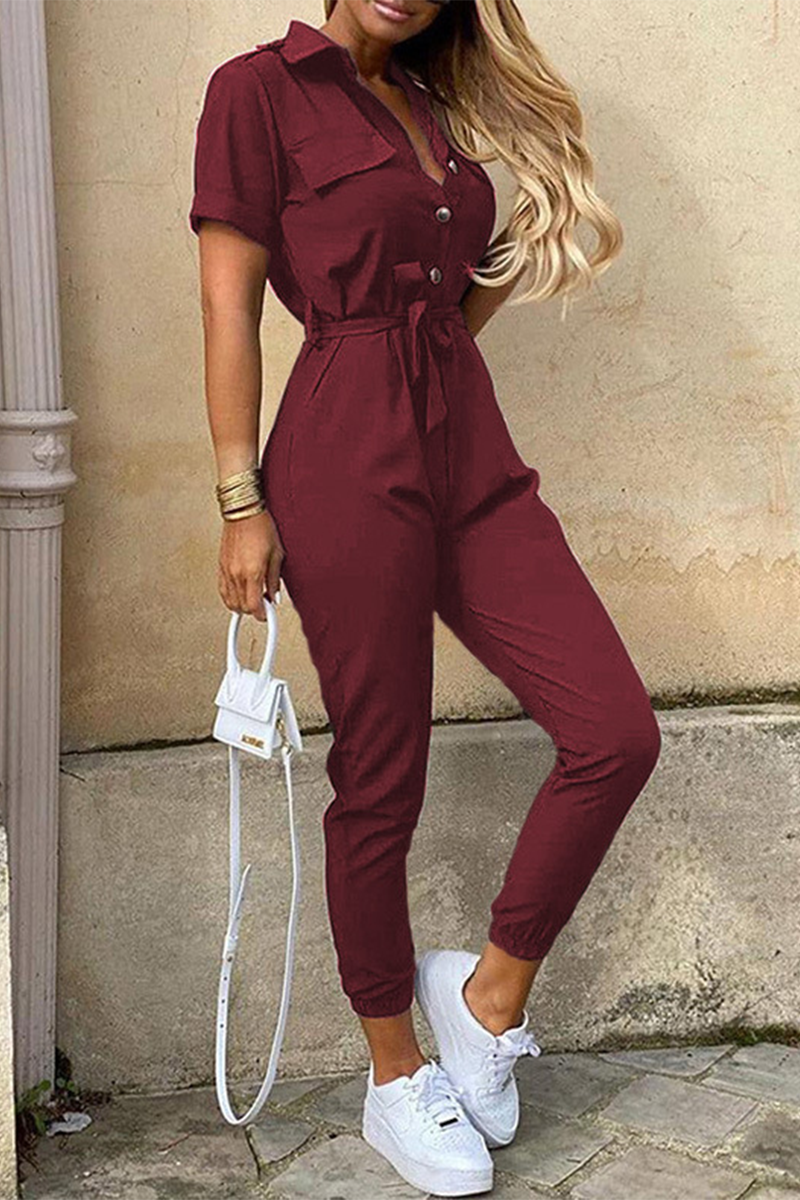 CM | Casual Diario Sólido Frenillo con Cinturón Cuello vuelto Regular Jumpsuits(10 Colours)
