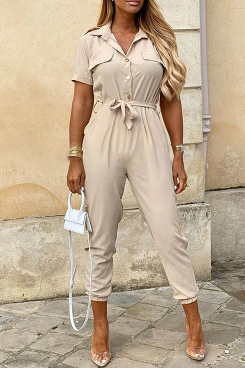 CM | Casual Diario Sólido Frenillo con Cinturón Cuello vuelto Regular Jumpsuits(10 Colours)