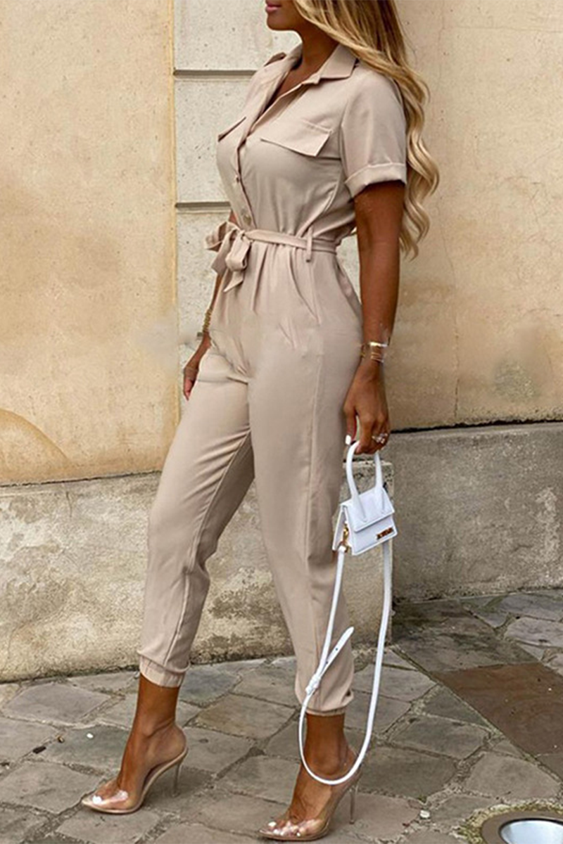 CM | Casual Diario Sólido Frenillo con Cinturón Cuello vuelto Regular Jumpsuits(10 Colours)
