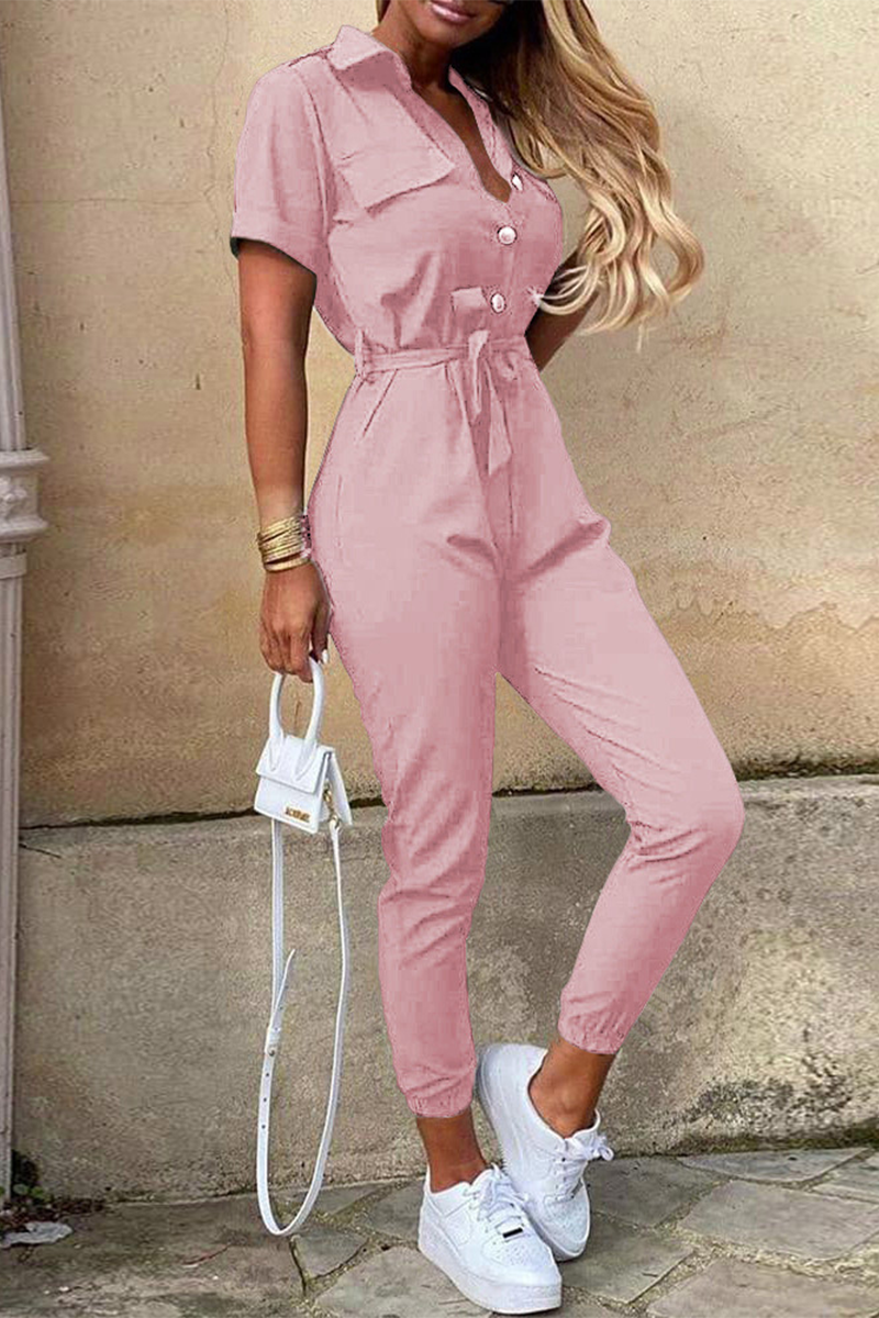 CM | Casual Diario Sólido Frenillo con Cinturón Cuello vuelto Regular Jumpsuits(10 Colours)