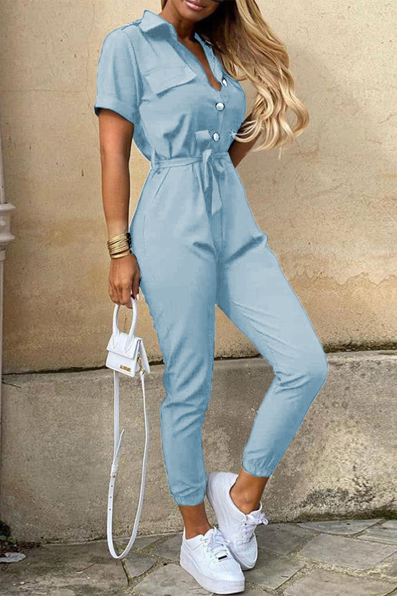 CM | Casual Diario Sólido Frenillo con Cinturón Cuello vuelto Regular Jumpsuits(10 Colours)