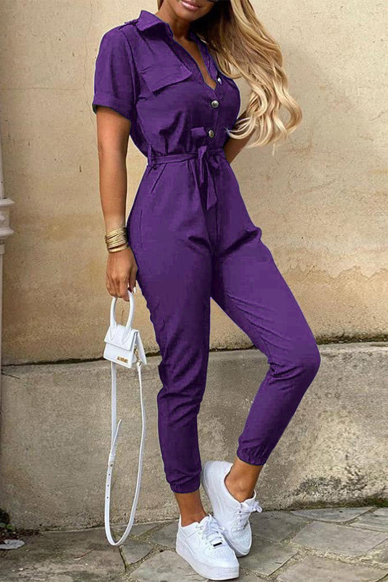CM | Casual Diario Sólido Frenillo con Cinturón Cuello vuelto Regular Jumpsuits(10 Colours)