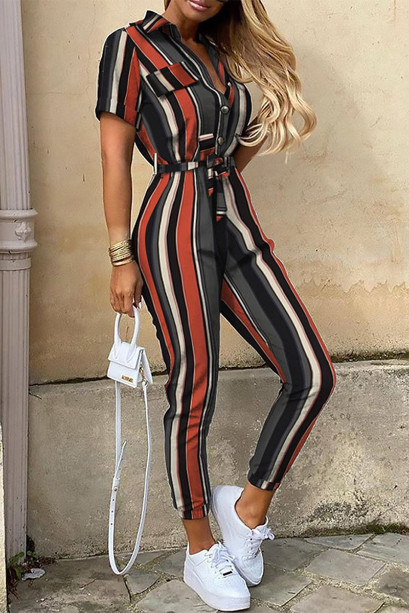 CM | Casual Print Patchwork Turn-down Collar Regular Jumpsuits