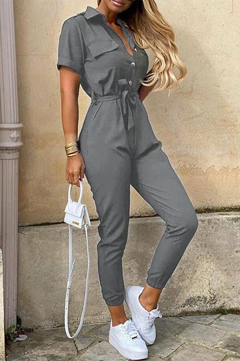 CM | Casual Diario Sólido Frenillo con Cinturón Cuello vuelto Regular Jumpsuits(10 Colours)